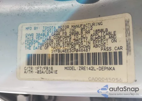 2012 Toyota Corolla Le z USA, uszkodzony, nr VIN 5YFBU4EE3CP046487